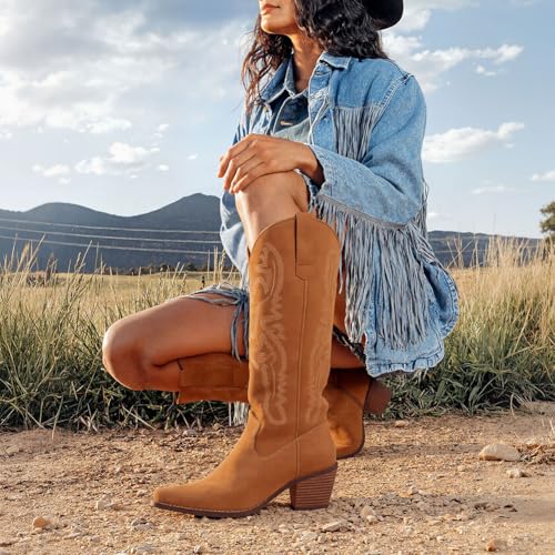 Erocalli Knee High Boots Women Cowgirl Cowboy Western Fall Chunky Block High Heel Tall Long Fashion Boot Side Zipper