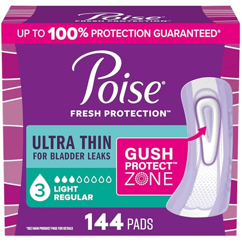 Poise Ultra Thin Incontinence & Postpartum Pads for Bladder Leaks 3 Drop Light Absorbency Regular Length 144 Count (Packaging May Vary)