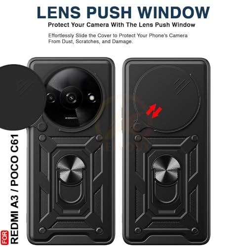 Image of Armor Bumper Back Cover Case for Redmi A3 / Poco C61 Rotating Camera Cover, Ring Holder & Kickstand | Heavy Duty & 360 Degree Protection Redmi A3 / Poco C61 Back Cover (Black)