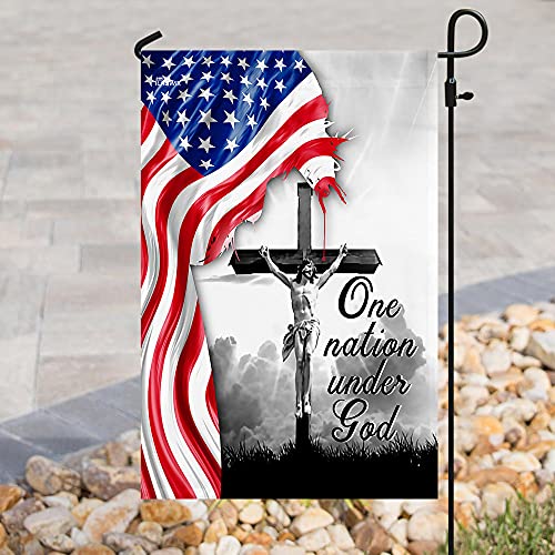 Flags-One Nation Under God. Jesus Christian Cross American Flag Thn2224F, Garden Flag (11.5" X 17.5")-Usa House Garden Flags Premium Polyester-Decorative Outdoor Flags #TOP2
