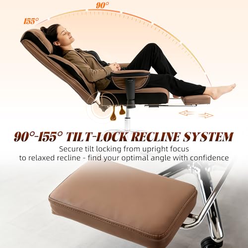 Heavy Duty Leather Office Chair 400lbs Capacity, Big and Tall Executive Computer Desk Chair with 155° Recline and Locking Function,3" Adjustable Armrests, Ergonomic Lumbar Support Pillow for Gaming - Image 4