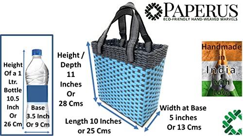 Image of Paperus, Small, Sky Blue & Grey, Carry Bag, Handbag, Tiffin Basket, Lunch Bag for Office, Rectangular, Eco-Friendly, Handmade of Paper Ropes, in Inch 11 H, 10 L, 5 Wide Base, 10 Liter