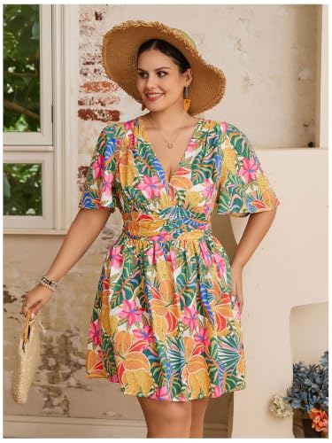 Image of Floerns Women's Plus Size Printed V Neck Short Sleeve Ruffle Hem Summer Short Dresses