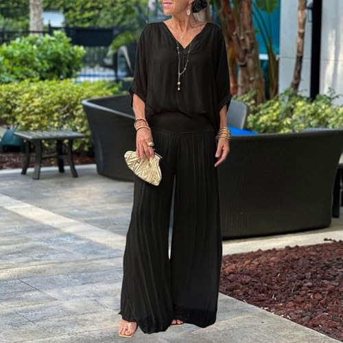 Pant Suits for Women Chiffon V Neck 3/4 Sleeve 2 Piece Outfits Dressy Casual Wide Leg Formal Pantsuits3