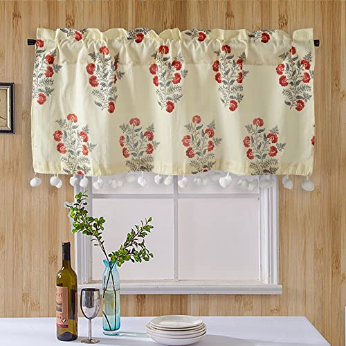 Image of Ravaiyaa Hand Printed Half Window Kitchen Curtain 100% Cotton Short Drapery Valance Curtain 40 inch X 18 inch Inch (Beige Brown Floral, Washable, Pack of 1) Semi Sheer, Rod Pocket Curtains