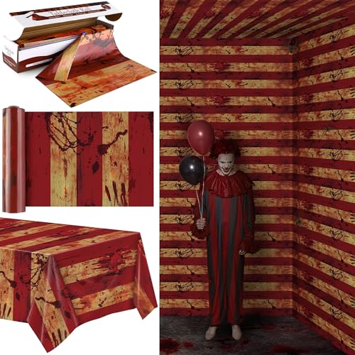 Image of Kochorie 100 Ft x 54 Inch Creepy Carnival Tablecloth Roll with Cutter Box Plastic Table Cover Roll Halloween Bloody Circus Tent Backdrop for Halloween Party Circus Clown Room Wall Decorations
