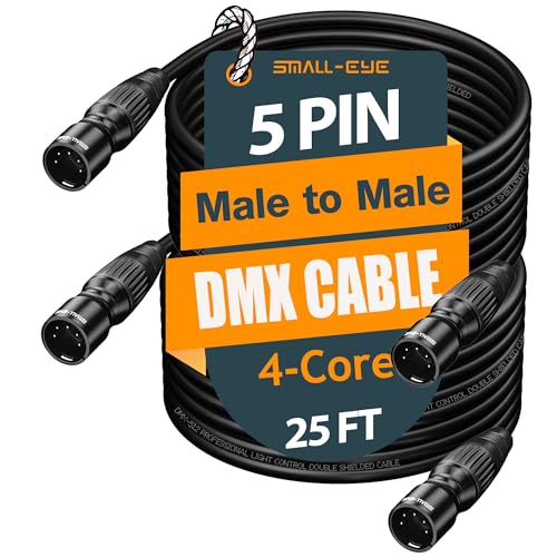 Câble DMX 5 broches mâle-mâle SMALL-EYE de 7,6m pour signal d'éclairage DMX512 en lot de 2