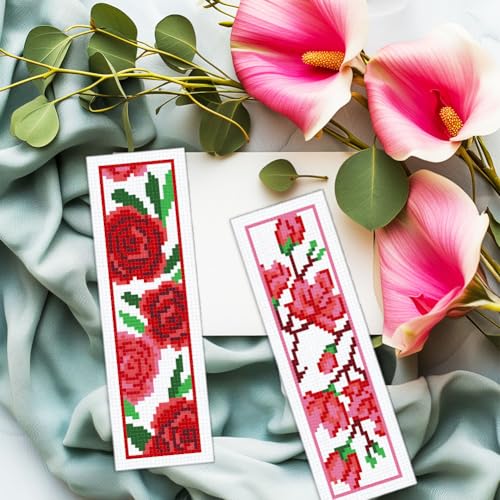 Image of INFUNLY 6pcs Red Rose Cross Stitch Bookmark Kits DIY Sunflower Peach Blossom Embroidery Bookmark Kits for Beginners with Instruction Blue Flower Bookmark Making Kit for Book Lovers Readers Women Gifts