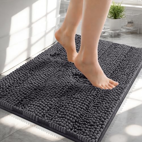 Image of OLANLY Thick Small Bathroom Rugs 24x16, Extra Soft Absorbent Chenille Striped Bath Rugs, Rubber Backing, Machine Wash, Bath Mats for Bathroom Floor, Tub and Shower, Home Decor Accessories, Dark Grey