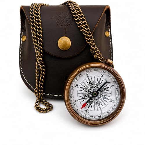 Brújula de bolsillo náutica estilo antiguo de latón con estuche de cuero y cadena, 2.5 pulgadas, compás vintage para navegación marítima, regalo para coleccionistas, viajeros y entusiastas al aire libre miniatura 1