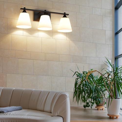 Image of Black Bathroom Vanity Light Fixtures, 3 Lights Traditional Vanity Lighting Fixture with Opal Glass Shade, Porch Wall Mount Light Fixture for Bathroom, Mirror Cabinets Hallway Stairs, Matte Black