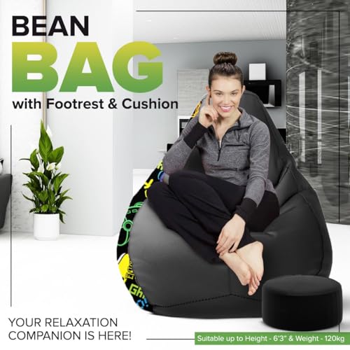 Image of Amazon Brand - Solimo 6XL Premium Faux Leather Bean Bag Combo with Footrest & Cushion, Filled with Beans | Capacity: Upto 6 Ft 9 in Height, 135 KG Weight | Gamer's Den | Black