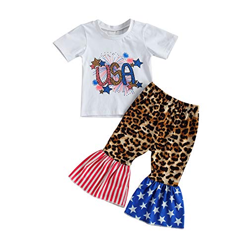 Muasaaluxi Newborn Baby Girls 4th of July Outfits USA Short Sleeve T-shirt Leopard Flared Pants Summer Clothes Set 0-3Y (White+Leopard, 18-24M)
