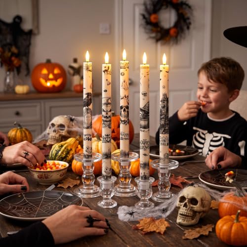 Image of Aurelema 6 Pcs Halloween LED Flameless Candle Set Vintage Gothic Taper Candles Battery Operated with Remote Skull Candles Raven Pumpkin Decorations for Home Halloween Party Favors Spooky Season Decor