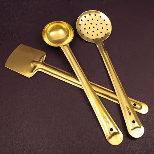 Image of Putrika Brass Ladle|Pital Karandi|Dosa Karandi|Kuli Karandi|Jali Karandi|Cooking and Serving Ladle|Kitchenware|Brass Cookware Ladle Set of 3 (Medium-Karandi Set)
