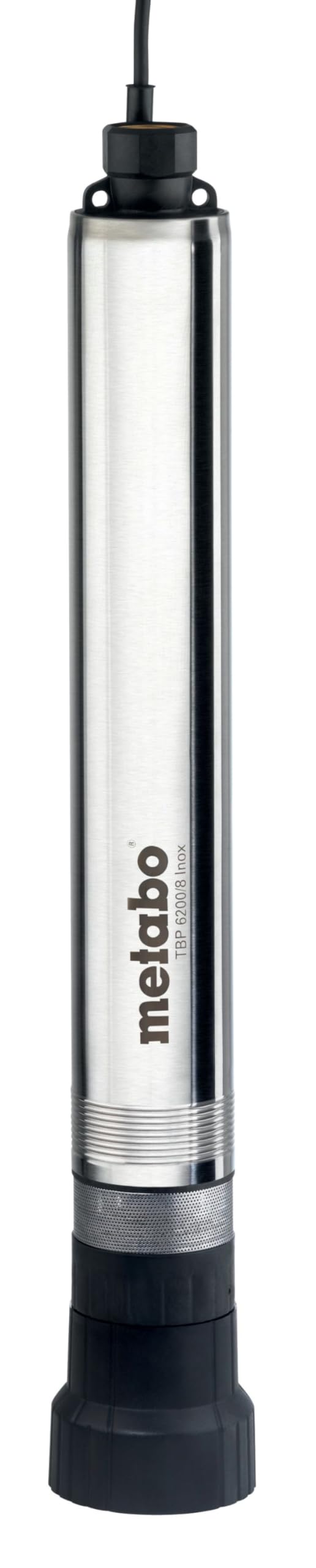 metabo Tiefbrunnenpumpe TBP 6200/8 Inox - 1100 W, 6200 l/h Fördermenge, 55 m Förderhöhe - Schlanke Edelstahl‑Pumpe für Bohrbrunnen ab Ø 100 mm, 8‑stufiges Pumpwerk, Rückschlagventil - 22 m Kabel