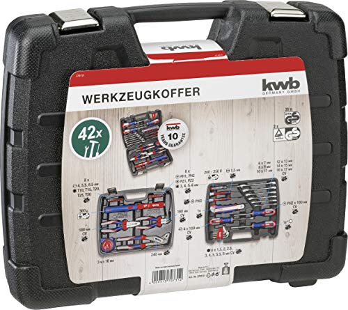 kwb Werkzeug-Koffer inkl. Schrauber-Bits - 42-teilig, gefüllt, robust und hochwertig - Ideal für Haushalt und Garage - GS-geprüft - Praktischer Kunststoffkoffer - Rot, Blau, Grau