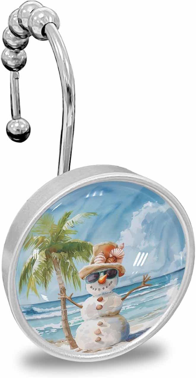 Shower Curtain Hooks 12 Pcs Christmas Beach Ocean Cute Snowman Coconut Tree Stainless Steel Rust Proof Rolling Shower Curtain Rings, Decorative Shower Curtain Hooks Hangers for Bathroom