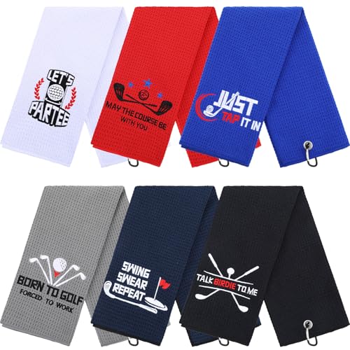 Moukeren 6 Pcs Funny Golf Towel with Clips Embroidered Golf Microfiber Towel for Bags for Men Women Birthday Retirement Gifts for Fans