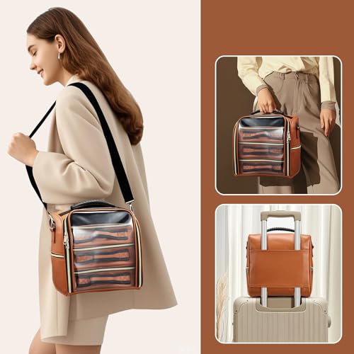 Image of SHAMAX Makeup Bag with 3 Removable Pouches & Side Pockets | Travel Cosmetic Organizer Case with Transparent Front, Toiletry Storage Bag for Women & Men (Brown)