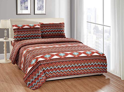 Rugs 4 Less Rustic Southwestern Western Bedsheets Set with Navajo Tribal Native American Patterns in Turquoise Blue and Brown – Utah Bed Sheet Set (Queen, Brown)