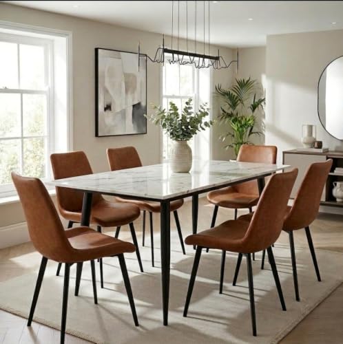 Image of Eclipse Six Seater Faux Marble Dining Set | 15mm Sintered Stone Dining Table | Upholstered Metal Chairs | Galaxy Cream (DIY Assembly)