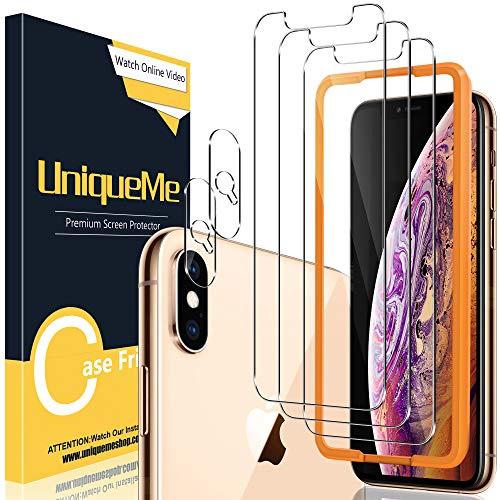 [3+2 Pack] UniqueMe Compatible with iPhone Xs Max 6.5 inch Tempered Glass Screen Protector + Camera Lens Protector Tempered Glass with Easy Installation Frame [9H Hardress].