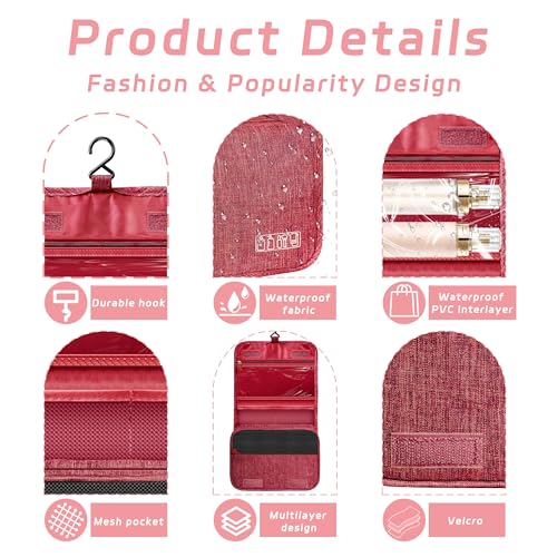 Image of Toiletry Bag Travel Bag with Hanging Hook for Women and Men,Red