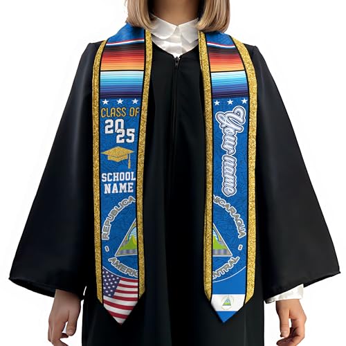 MonkeyVan Personalized Nicaragua Graduation Stole,Custom Nicaraguan Flag Graduation Sash,Nicaragua Stole Class of 2025 Sash S10