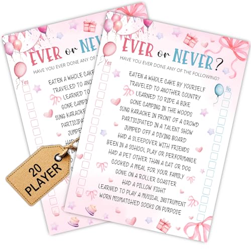 Image of Pink Slumber Party Games Card - Coquette Pink Bow Themed Sleepover Slumber Party Supplies- Sleepover Stuff- Birthday Night Games Creative Idea -Ever or Never- 20 Game Cards
