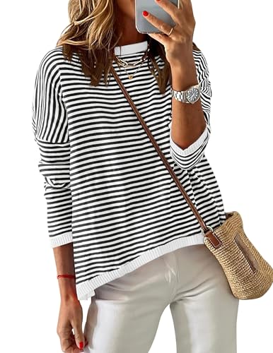 Chicrise Langarmshirt Damen Runde Ausschnitt Gestricktes 2025 Oberteile Gestreifter Pullover Trendy Gestreift Ap Groß 42-44