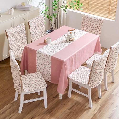 Image of HOMETHREADS Premium Cotton Chair Cover Set | Soft & Comfortable Seat Covers with Anti-Skid Non-Slip Backing + Waterproof Dining Table Cover(140x220 cm) (Beige Multi, 6 Chair Covers + 1 Table Cover)