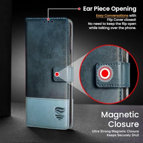 Image of FLIPPED Vegan Leather Flip Case Back Cover for Samsung Galaxy M17 5G | A17 5G | F17 5G (Flexible, Shock Proof | Hand Stitched Leather Finish | Card Pockets Wallet & Stand | Blue with Aquamarine)