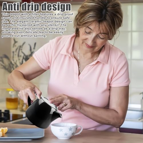 Teekanne mit Siebeinsatz, 500ML Teekanne Keramik, Keramik Teekannee mit Herausnehmbarem Edelstahl-Teesieb, Teapot Ceramic für Zuhause und BüRo Perfekt für Losen Tee, HalbgläNzend Schwarz
