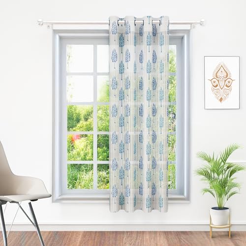 Image of Window Curtains 5 Feet Long Set of 1 | Motif Design | Polyester | Light Filtering Curtains | Curtains for Living Room | 118 x 152 cm, White & Blue Color | Perfect for Home Decor