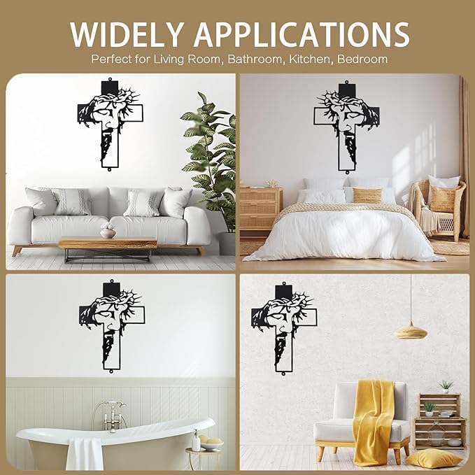 Modern Cross Metal Art Wall Hanging Ornaments - Religious Decor for Living Room & Home - Black Metal Wall Sculpture (9.84x12.59/25x32cm)4