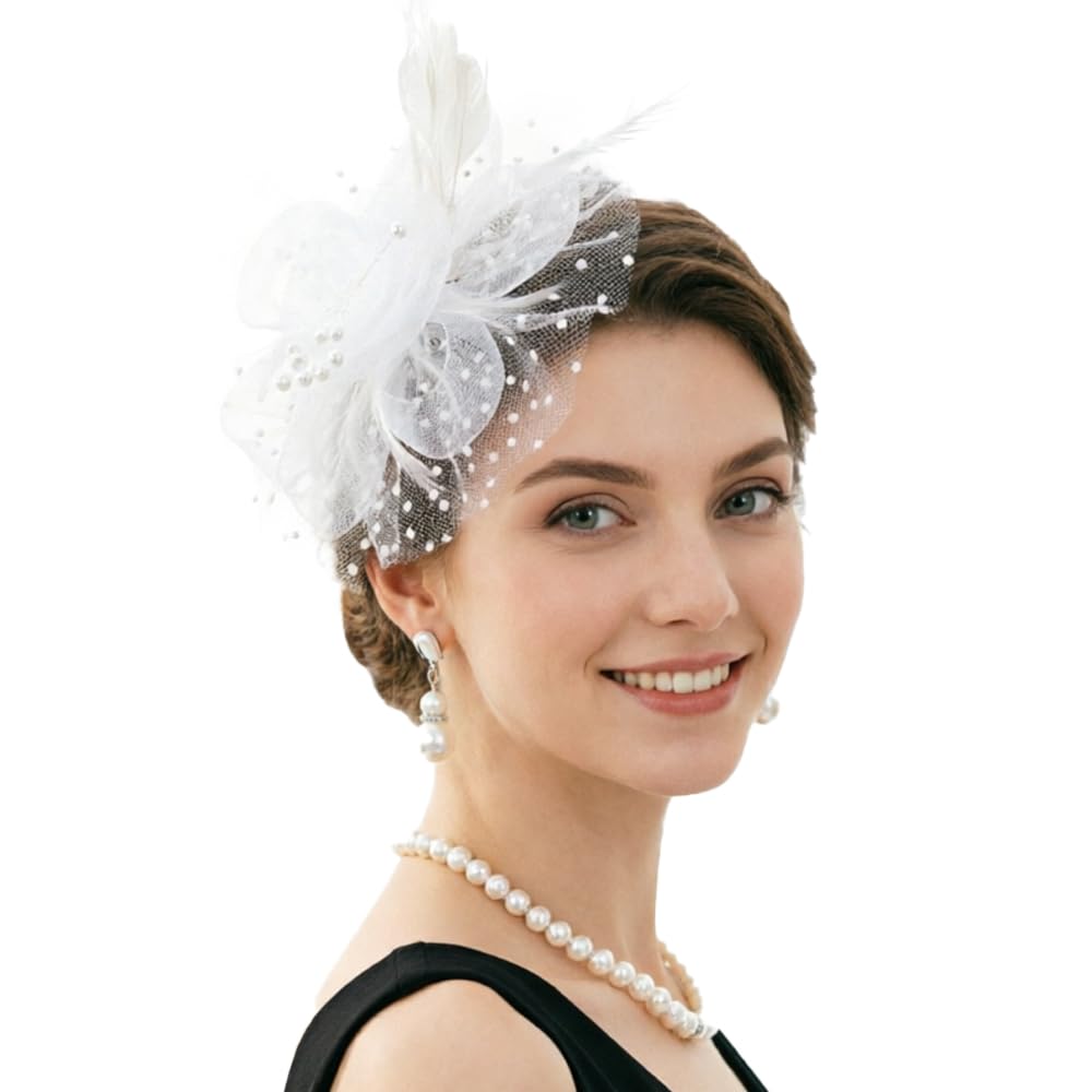 DRESHOW Fascinators Hat Flower Mesh Ribbons Feathers on a Headband and a Clip Tea Party Headwear for Girls and Women