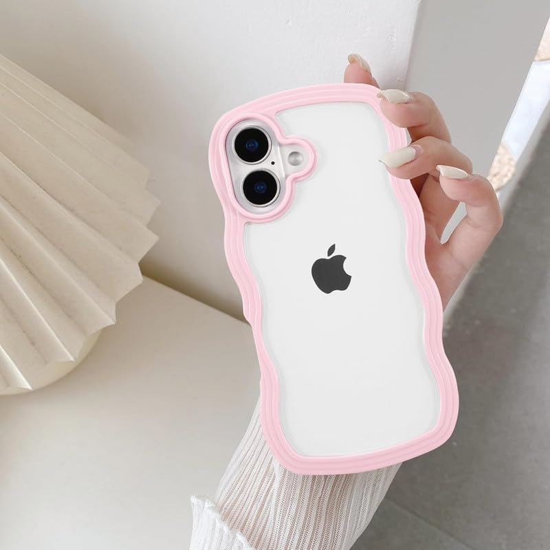Image of ZR021 for iPhone 16 Back Case Cover | Wavy Border Transparent | Slim Fit | Camera Protection | Shockproof TPU Case - Pink