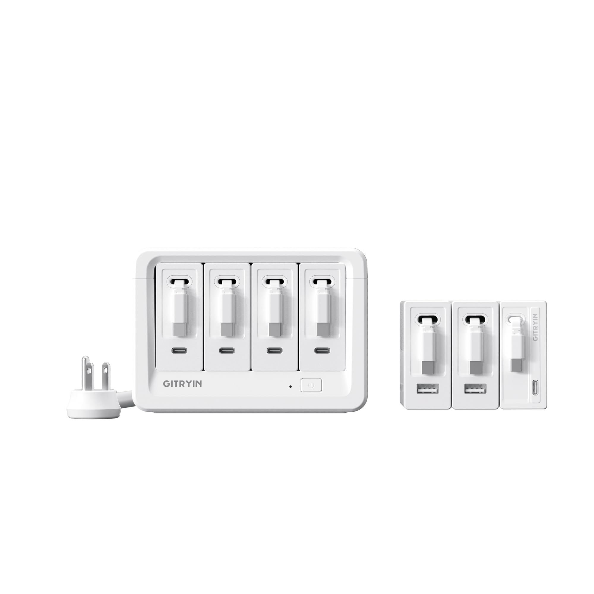 Gitryin 1 65W Type-C 2 Type-C Retractable Wall Chargers with 2 USB A Ports and 12-in-1 Desktop Charging