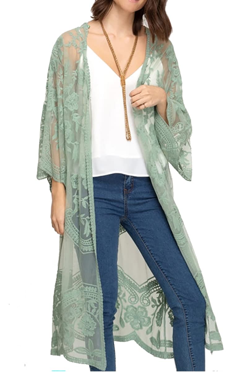 L-Peach Vestido Floral Encaje de Playa Kimono Sarong Pareo Cover ups para Mujer