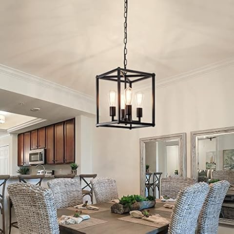 GZBEINI Black Chandelier Dining Room Light Fixtures Over Table, 4-Light Farmhouse Kitchen Chandelier Hanging Light Fixture,Black Rectangle Chandelier with Adjustable Long Chain for Dining Room Cover