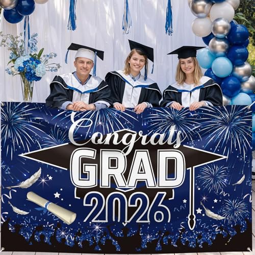 Image of Graduation Banner, Graduation Decorations 2026, Blue Black Banner Graduation, Large Blue Graduations Sign Backdrop, Class of 2026 Congrats Grad Party Decor for Door Porch Sign Indoor Outdoor 180*110cm