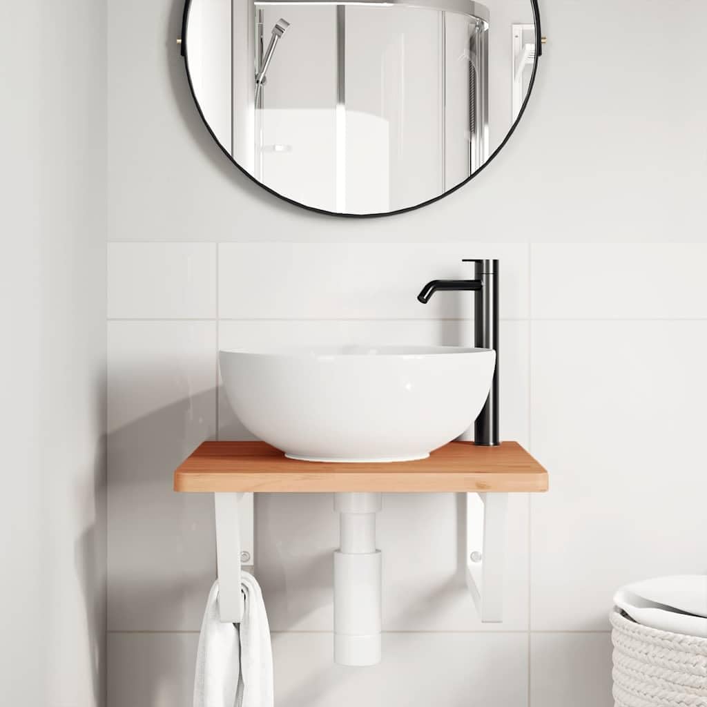 Mensola per lavabo da parete, in acciaio e legno massiccio di faggio, 50 x 50 x 2,5 cm, ripiano sospeso per bagno, salvaspazio e robusto