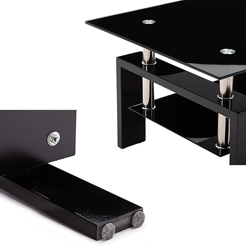 Miniatura 3 de Mesa auxiliar con estante de almacenamiento, mesa de centro de 2 niveles con parte superior de vidrio para sala de estar, muebles de diseño moderno