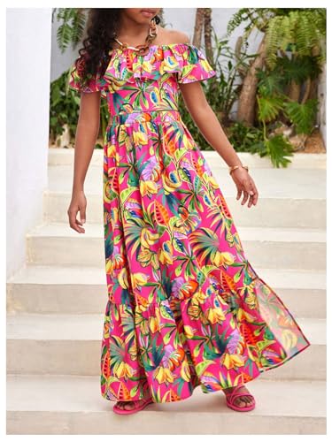 Image of BEAUDRM Girl's Summer Outfits Tropical Summer Dress Hawaiian Off Shoulder Tops and Ruffle Skirt Set Vacation Beach Clothes