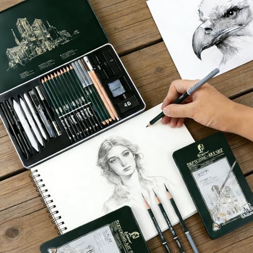 Image of PLUSPOINT 27 Piece Sketch Drawing Pencil Set for Artists, Professional Graphite Sketching & Shading Kit with B to 8B Pencils for Adults, Teens & Beginners