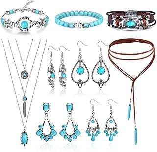 JeryWe 13 Pcs Women's Bohemian Jewellry Set Retro Boho Western Turquoise Necklace Bracelets Earrings Set Turquoise Pendant Long Choker Vintage Dangle Earrings Faux Leather Layered Bracelets