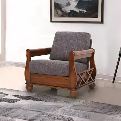 Image of Royaloak Texas American Wooden Sofa 1S | Solid Wood | Fabric Cushion | Pocket Spring | Curved Designer Armrest | Durable and Long Lasting | American Collection | Wooden Sofa | Sofa 1 Seater