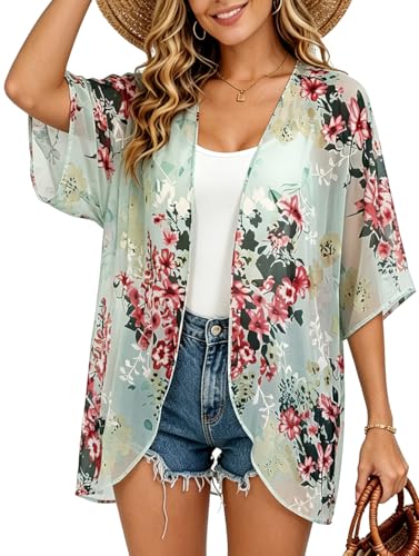 Image of FINOCEANS Womens Floral Chiffon Kimono Cardigans Loose Beach Cover Up Half Sleeve Tops