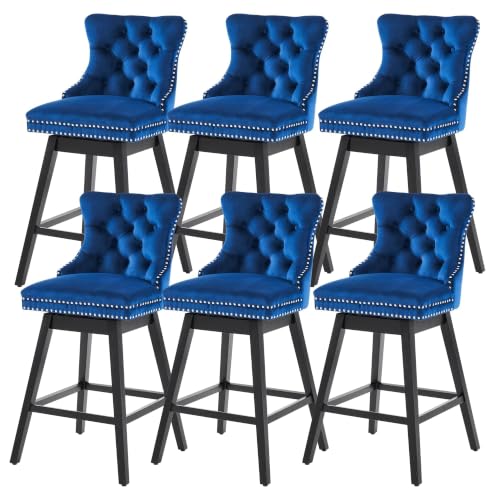Image of Blue Swivel Bar Stools, Velvet Counter Height Bar Stools Set of 6